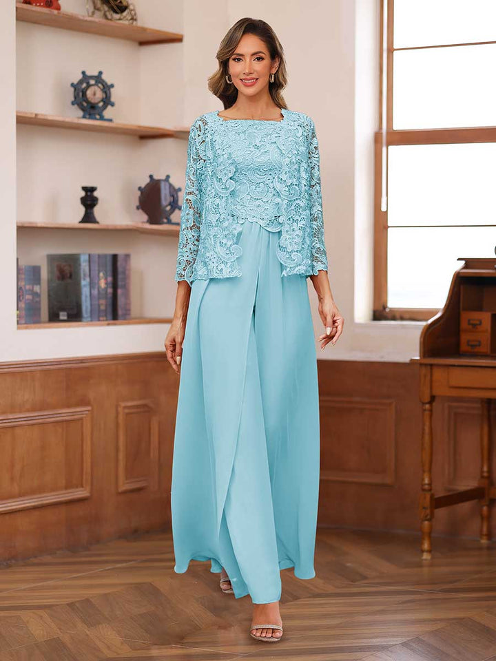 Lace Chiffon Square Neck 3/4 Sleeves 3 Pieces Pantsuits with Appliques &amp; Jacket
