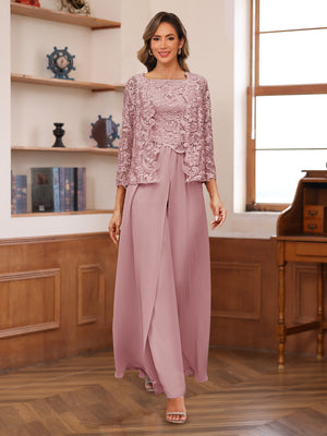 Lace Chiffon Square Neck 3/4 Sleeves 3 Pieces Pantsuits with Appliques & Jacket