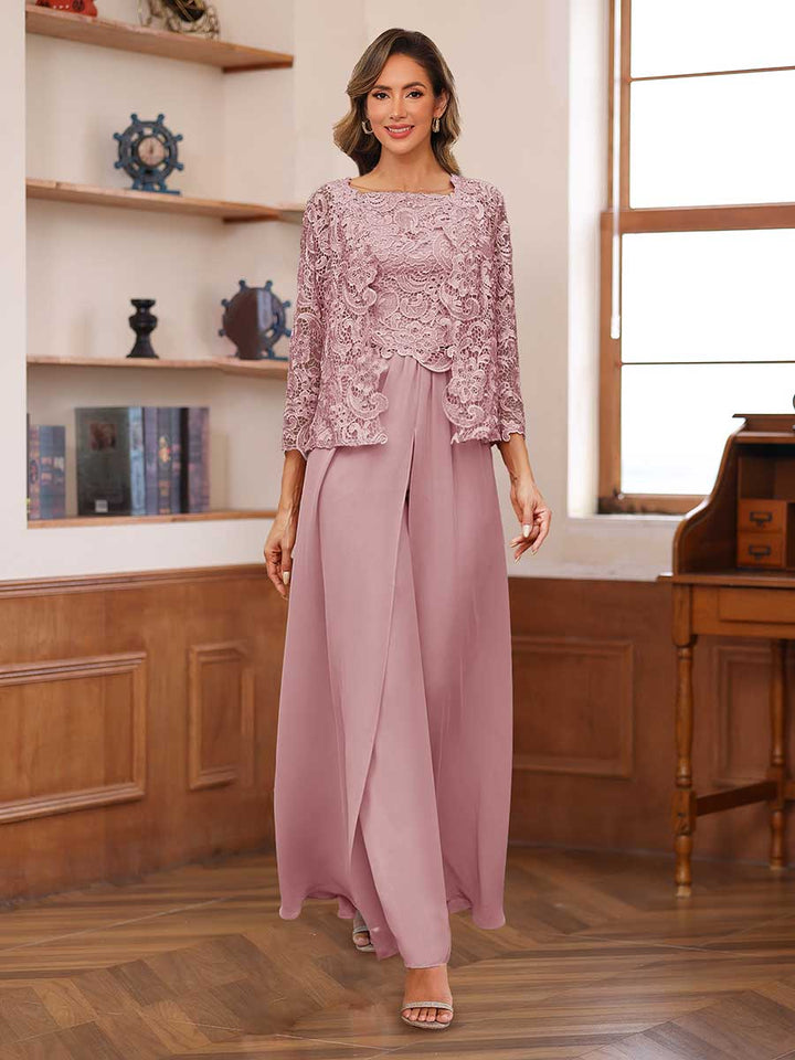 Lace Chiffon Square Neck 3/4 Sleeves 3 Pieces Pantsuits with Appliques &amp; Jacket