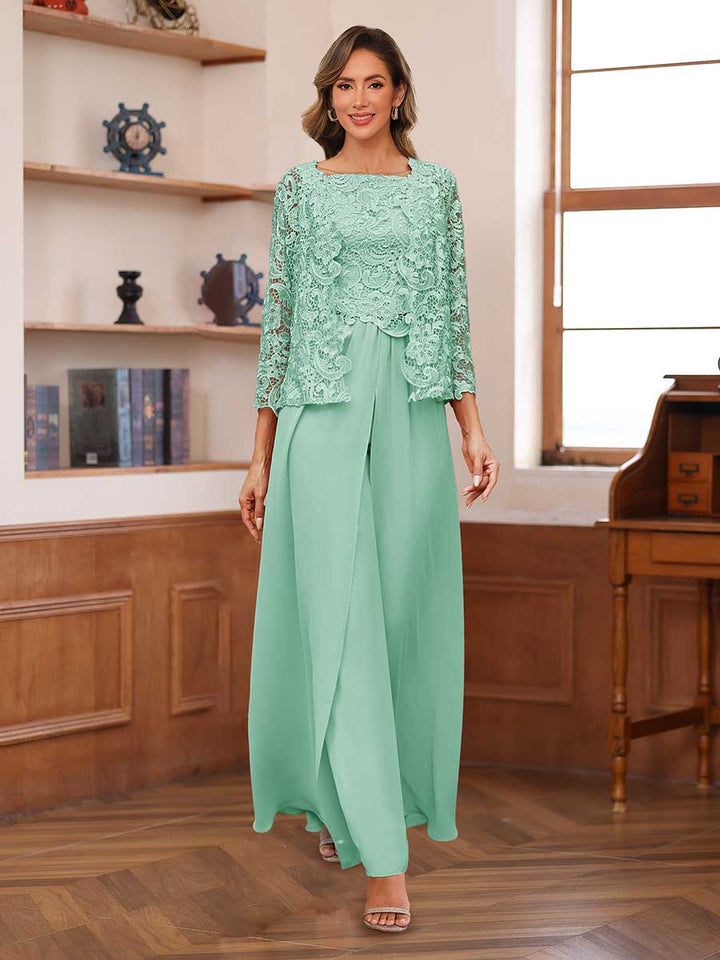 Lace Chiffon Square Neck 3/4 Sleeves 3 Pieces Pantsuits with Appliques &amp; Jacket