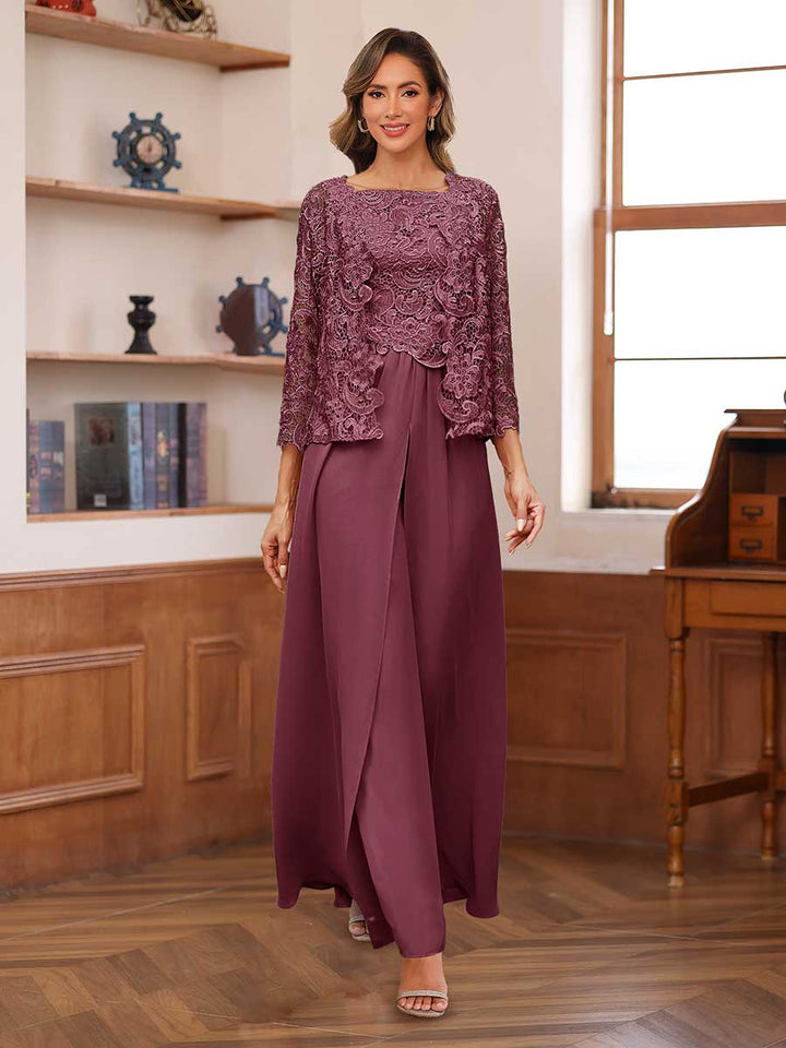Lace Chiffon Square Neck 3/4 Sleeves 3 Pieces Pantsuits with Appliques &amp; Jacket