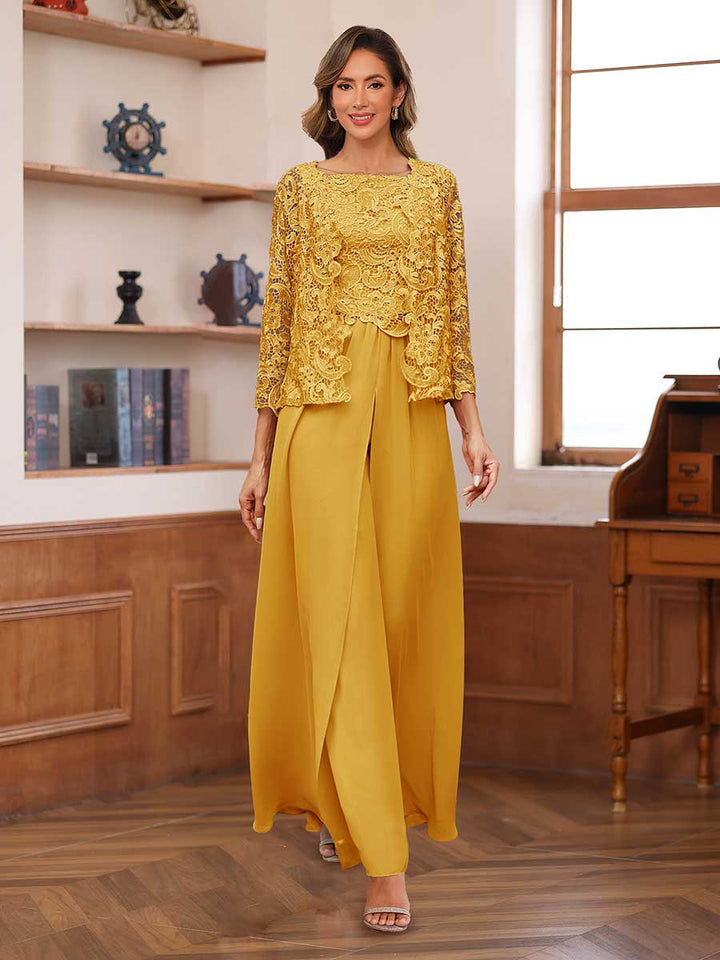 Lace Chiffon Square Neck 3/4 Sleeves 3 Pieces Pantsuits with Appliques &amp; Jacket
