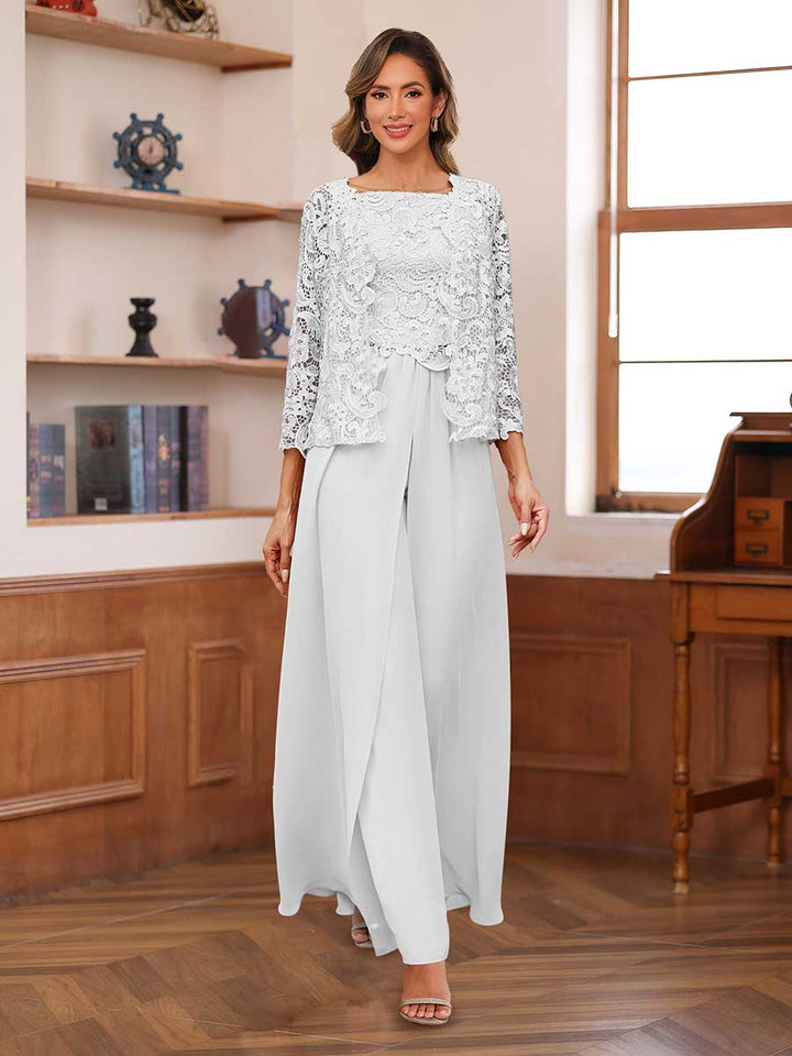 Lace Chiffon Square Neck 3/4 Sleeves 3 Pieces Pantsuits with Appliques &amp; Jacket
