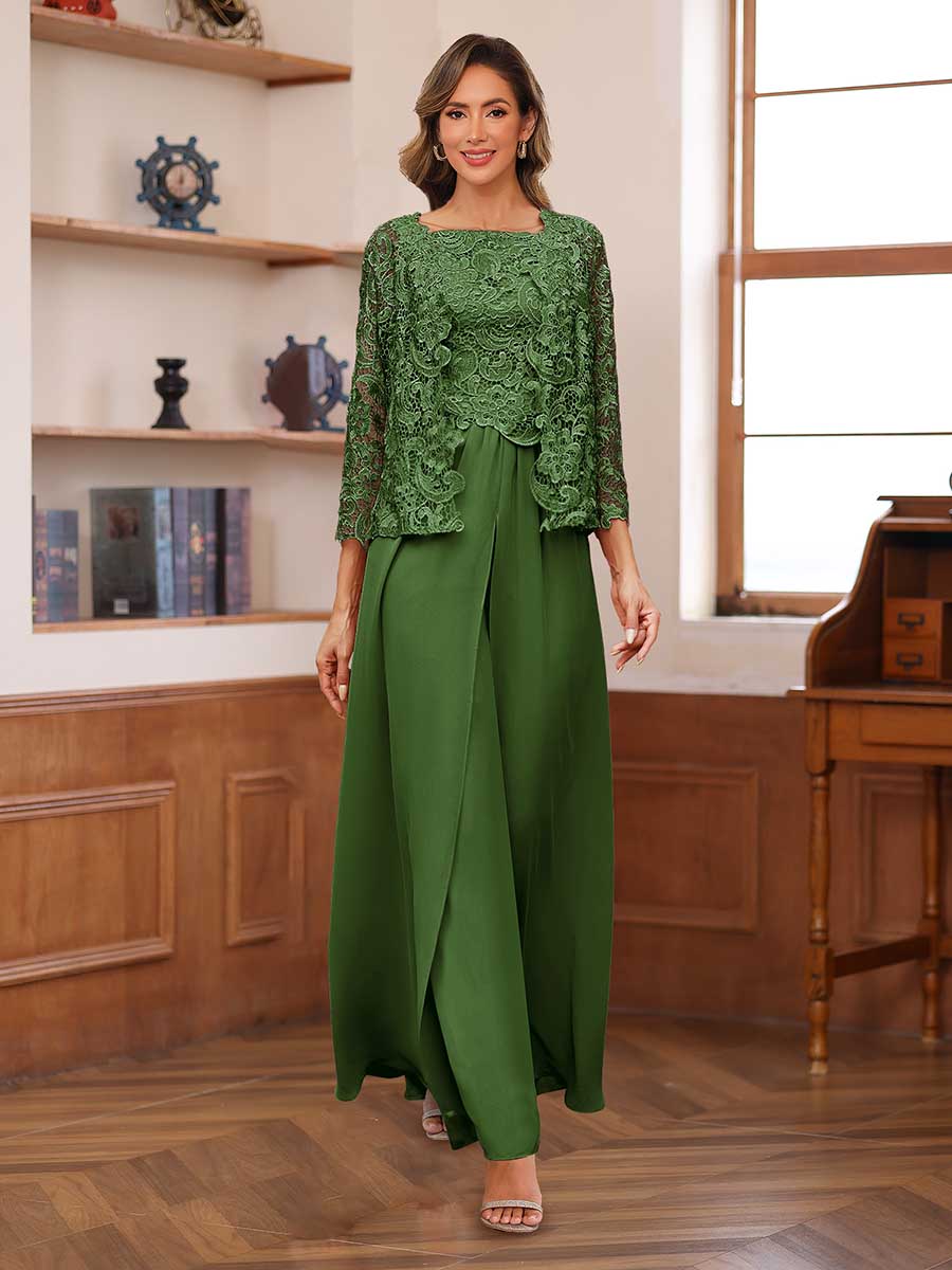 Lace Chiffon Square Neck 3/4 Sleeves 3 Pieces Pantsuits with Appliques &amp; Jacket