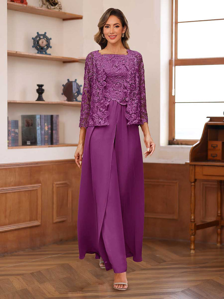 Lace Chiffon Square Neck 3/4 Sleeves 3 Pieces Pantsuits with Appliques &amp; Jacket
