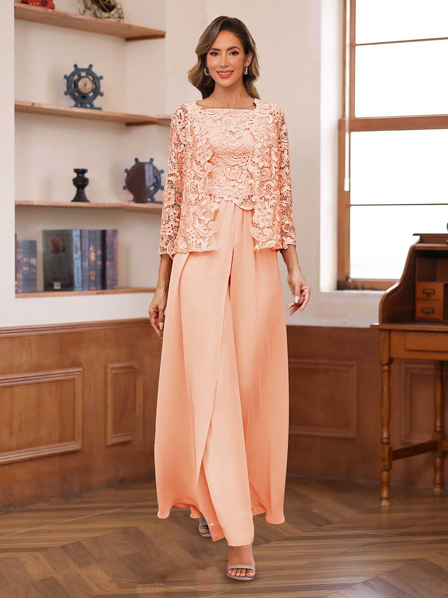 Lace Chiffon Square Neck 3/4 Sleeves 3 Pieces Pantsuits with Appliques &amp; Jacket