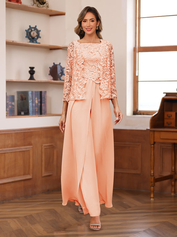 Lace Chiffon Square Neck 3/4 Sleeves 3 Pieces Pantsuits with Appliques & Jacket