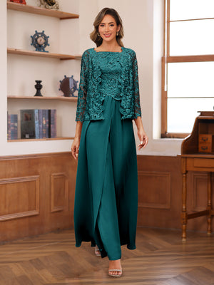 Lace Chiffon Square Neck 3/4 Sleeves 3 Pieces Pantsuits with Appliques & Jacket