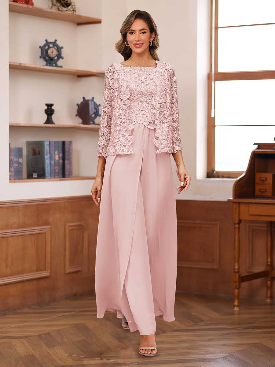 Lace Chiffon Square Neck 3/4 Sleeves 3 Pieces Pantsuits with Appliques &amp; Jacket