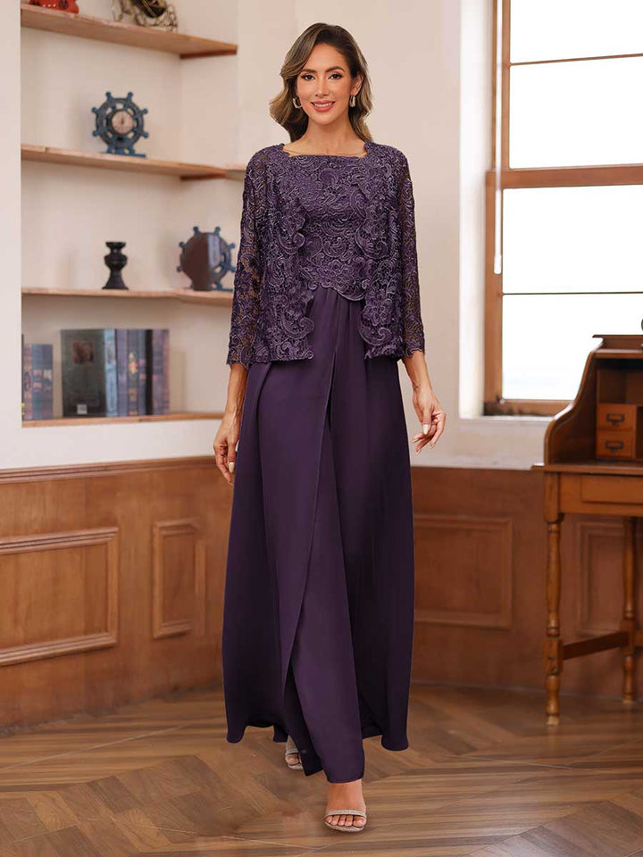 Lace Chiffon Square Neck 3/4 Sleeves 3 Pieces Pantsuits with Appliques &amp; Jacket