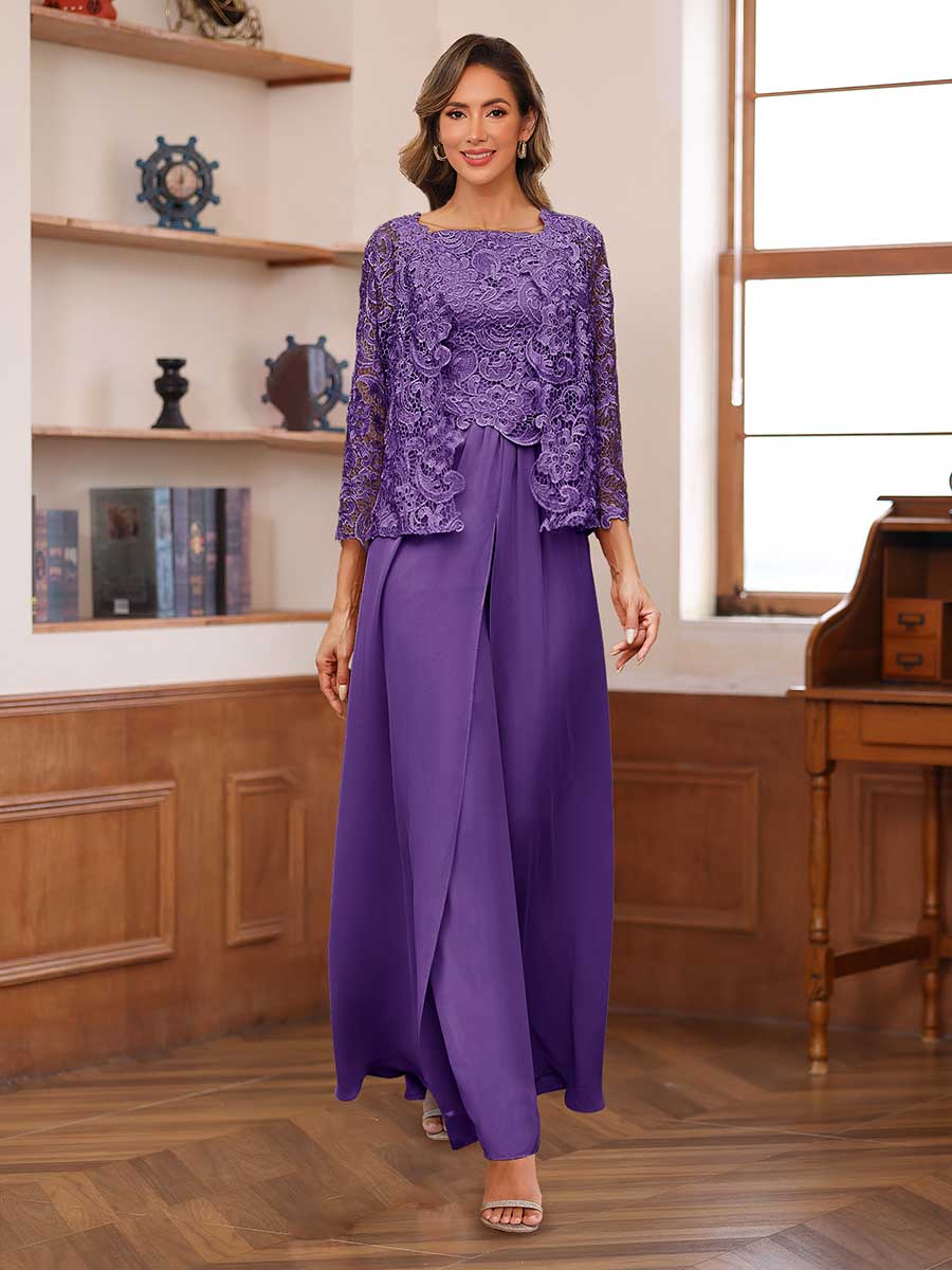 Lace Chiffon Square Neck 3/4 Sleeves 3 Pieces Pantsuits with Appliques &amp; Jacket