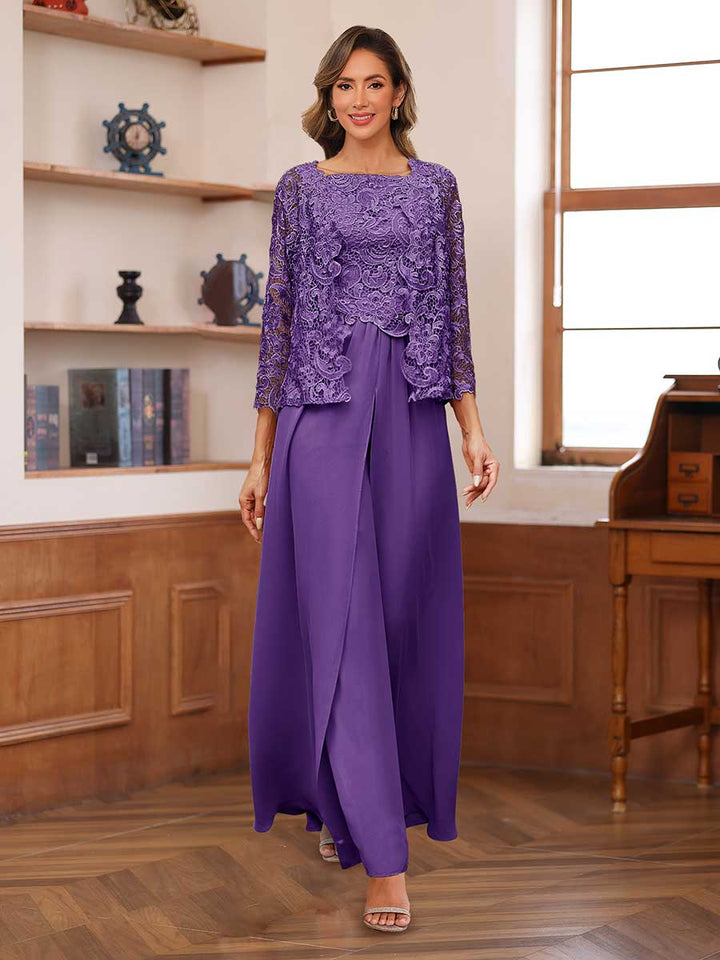Lace Chiffon Square Neck 3/4 Sleeves 3 Pieces Pantsuits with Appliques &amp; Jacket