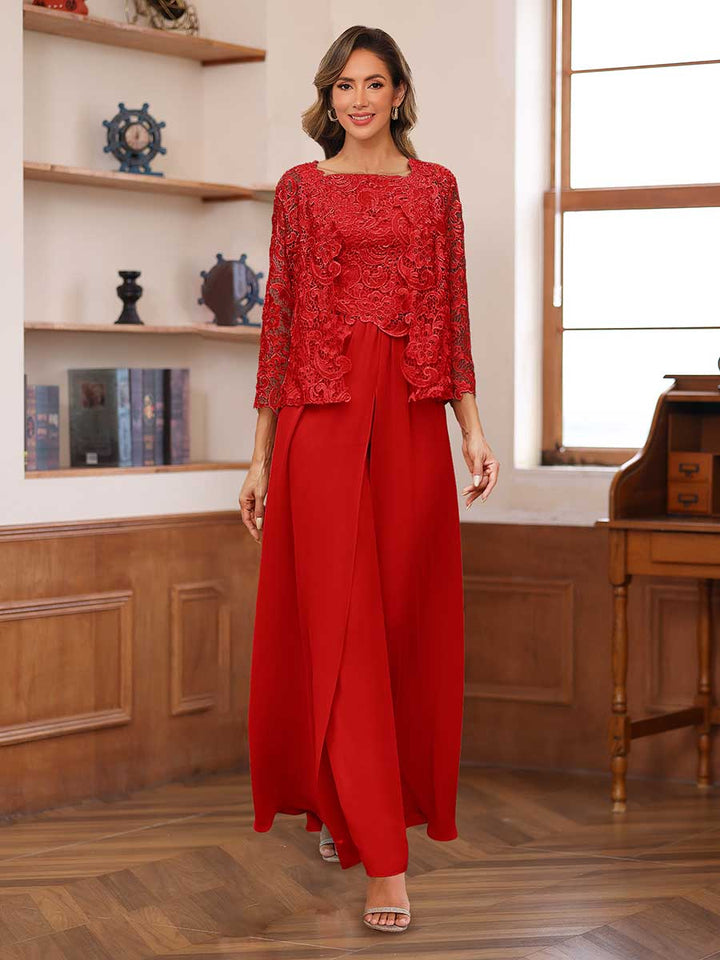 Lace Chiffon Square Neck 3/4 Sleeves 3 Pieces Pantsuits with Appliques &amp; Jacket