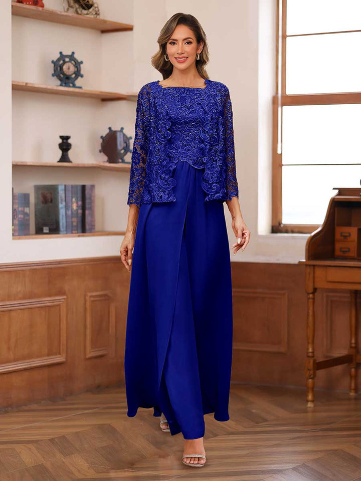 Lace Chiffon Square Neck 3/4 Sleeves 3 Pieces Pantsuits with Appliques &amp; Jacket