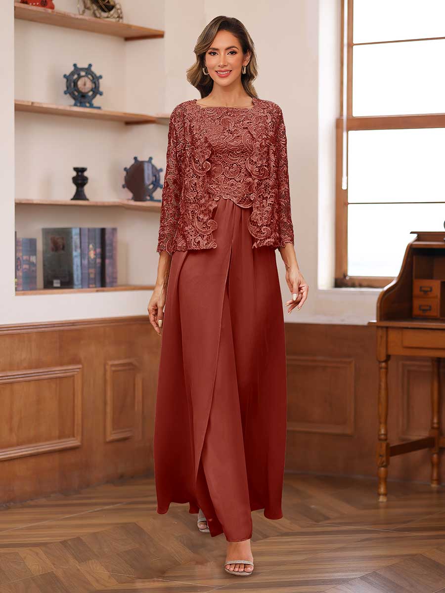 Lace Chiffon Square Neck 3/4 Sleeves 3 Pieces Pantsuits with Appliques &amp; Jacket