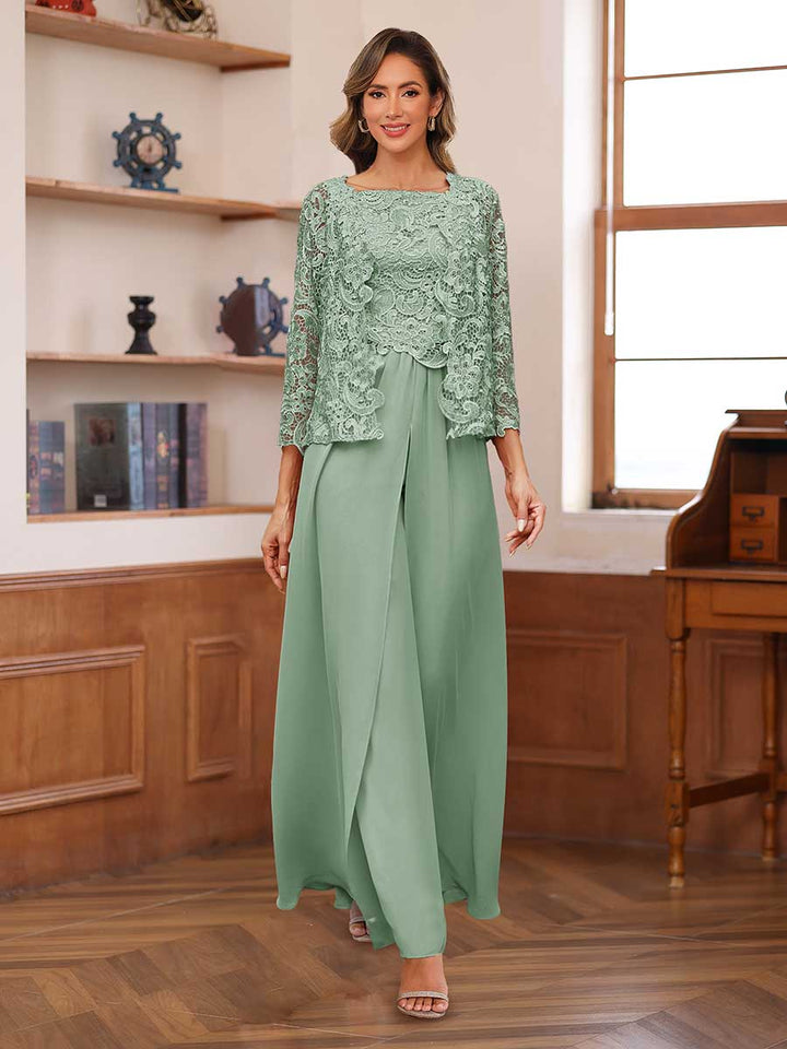 Lace Chiffon Square Neck 3/4 Sleeves 3 Pieces Pantsuits with Appliques &amp; Jacket