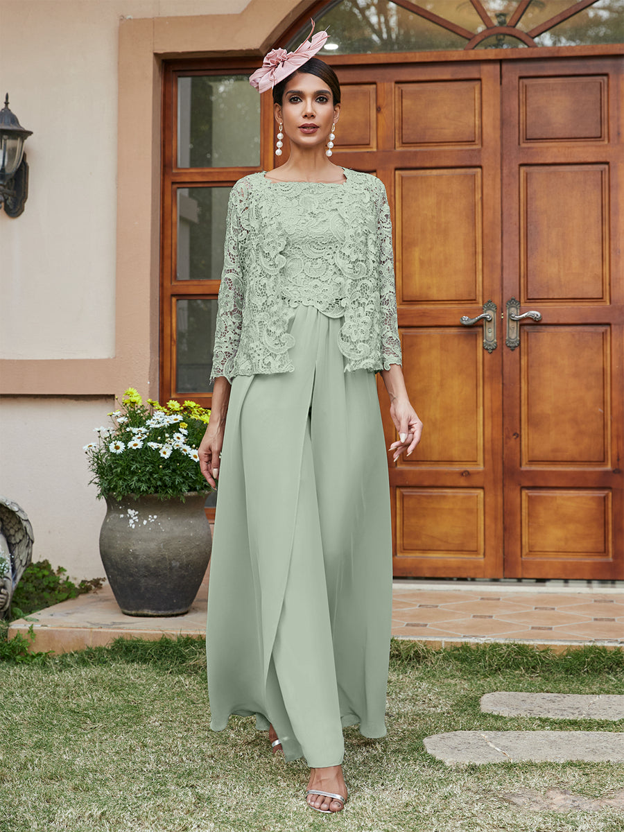 Lace Chiffon Square Neck 3/4 Sleeves 3 Pieces Pantsuits with Appliques & Jacket