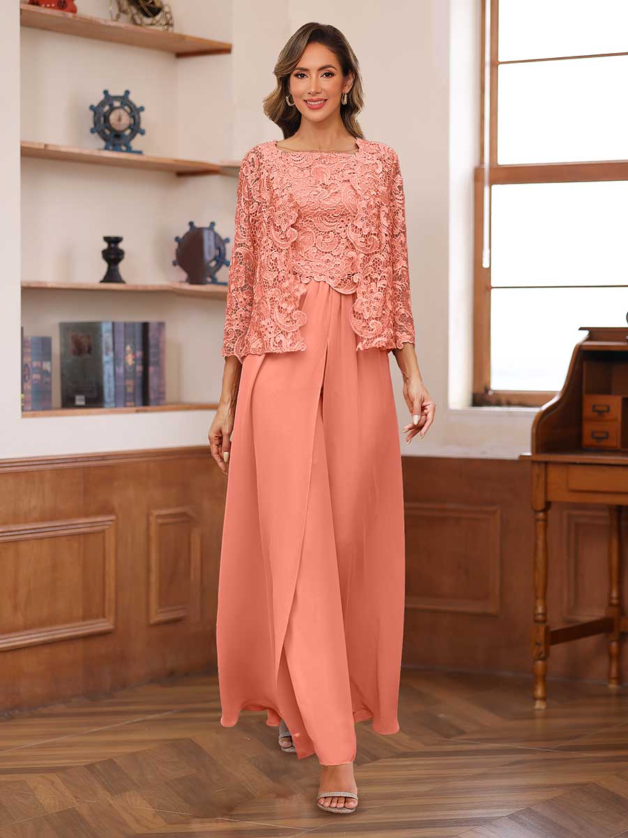 Lace Chiffon Square Neck 3/4 Sleeves 3 Pieces Pantsuits with Appliques &amp; Jacket