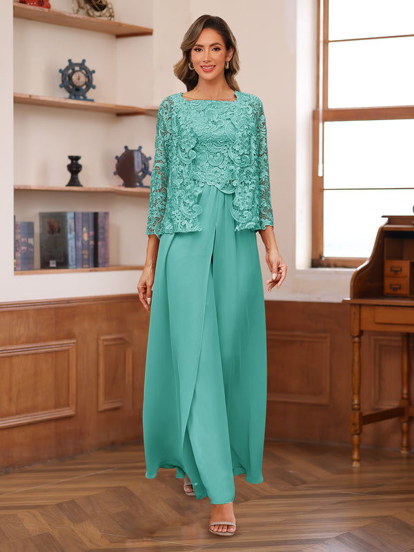 Lace Chiffon Square Neck 3/4 Sleeves 3 Pieces Pantsuits with Appliques & Jacket