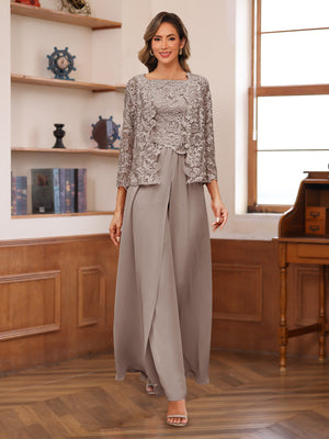 Lace Chiffon Square Neck 3/4 Sleeves 3 Pieces Pantsuits with Appliques & Jacket