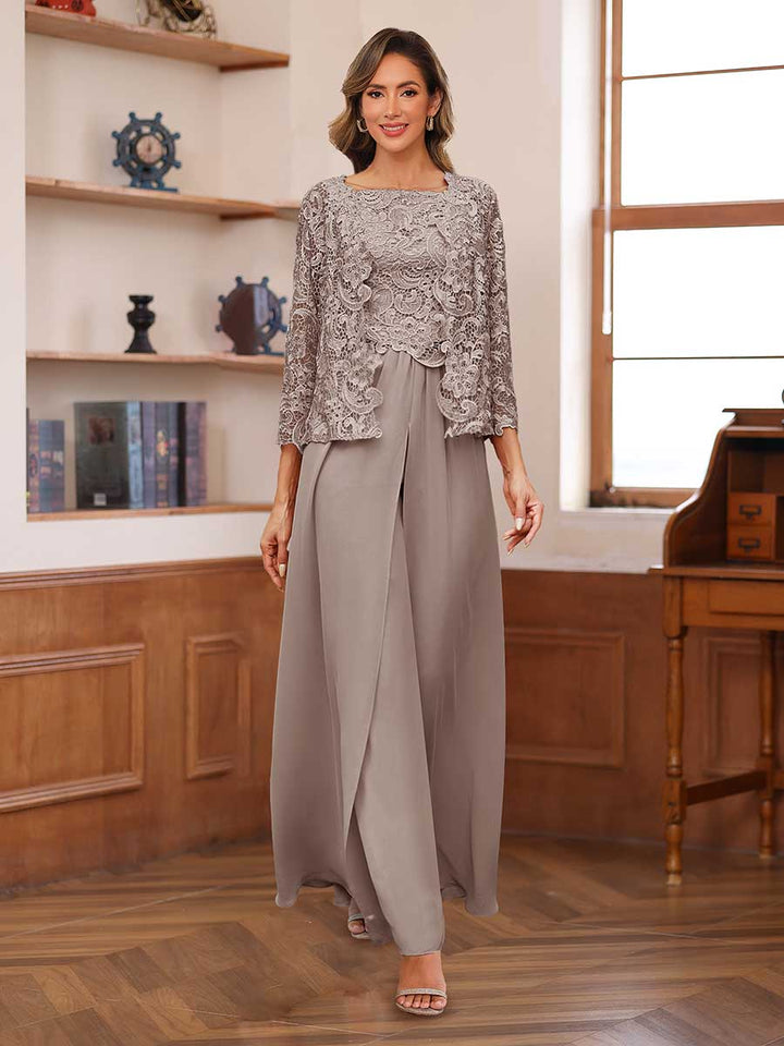 Lace Chiffon Square Neck 3/4 Sleeves 3 Pieces Pantsuits with Appliques &amp; Jacket