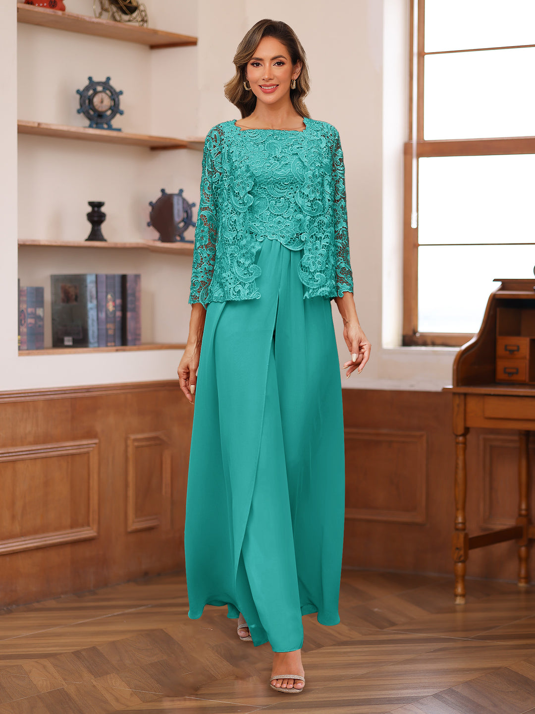 Lace Chiffon Square Neck 3/4 Sleeves 3 Pieces Pantsuits with Appliques &amp; Jacket