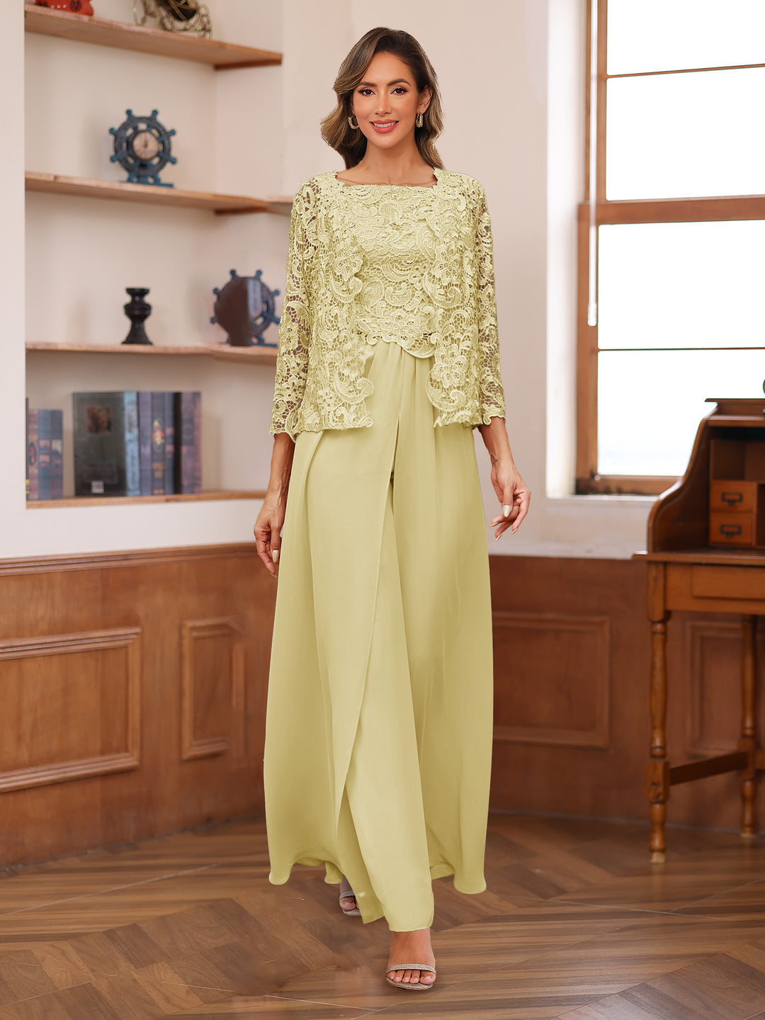 Lace Chiffon Square Neck 3/4 Sleeves 3 Pieces Pantsuits with Appliques &amp; Jacket