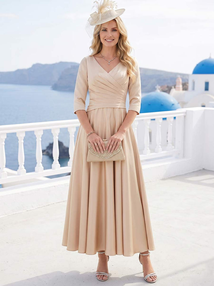 A-Line/Princess V-Neck Half Sleeves Ankle-Length Long Evening Dresses with Ruffles