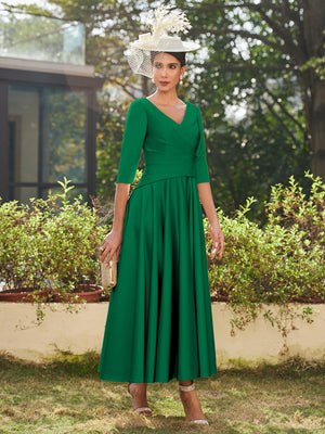 A-Line/Princess V-Neck Half Sleeves Ankle-Length Long Evening Dresses with Ruffles