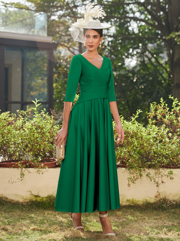 A-Line/Princess V-Neck Half Sleeves Ankle-Length Long Evening Dresses with Ruffles