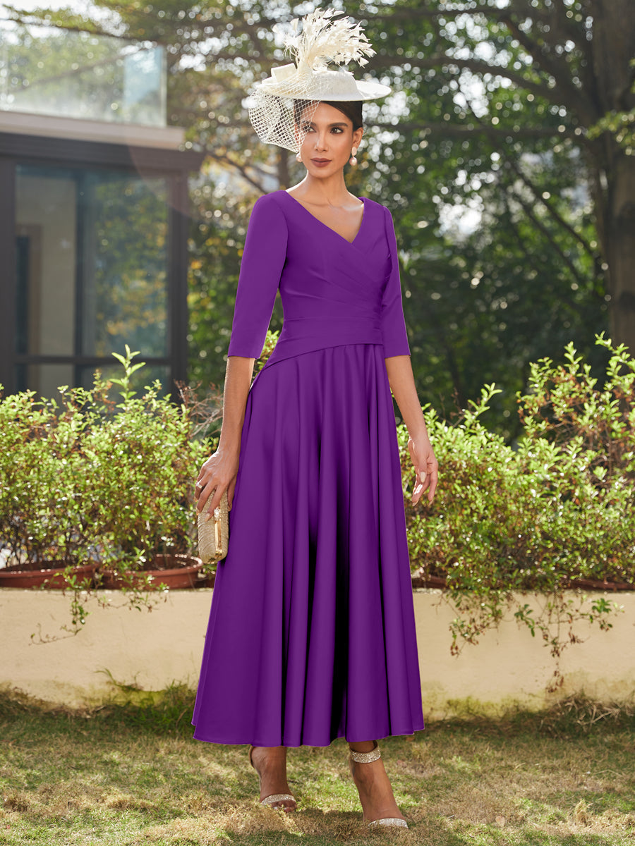 A-Line/Princess V-Neck Half Sleeves Ankle-Length Long Evening Dresses with Ruffles