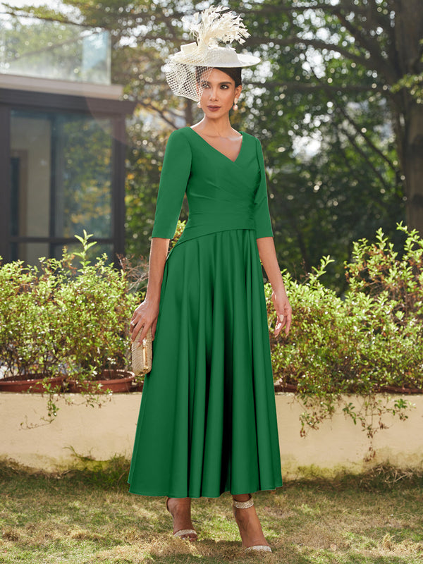 A-Line/Princess V-Neck Half Sleeves Ankle-Length Long Evening Dresses with Ruffles