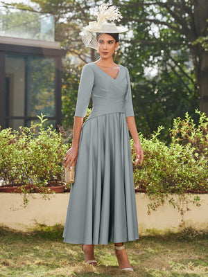 A-Line/Princess V-Neck Half Sleeves Ankle-Length Long Evening Dresses with Ruffles
