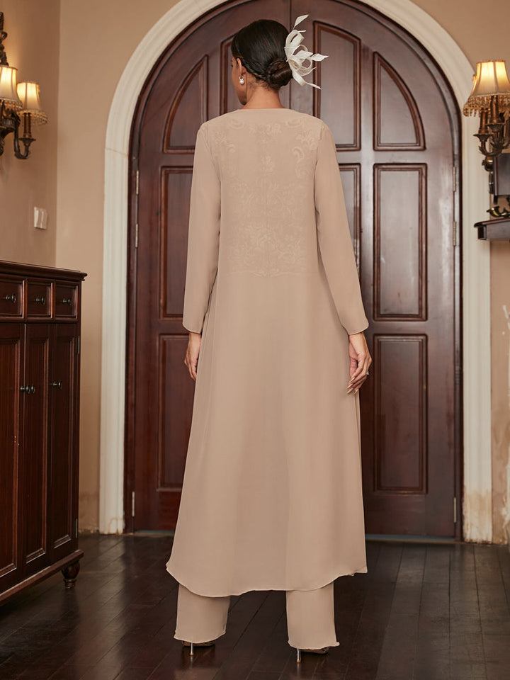 Chiffon Scoop Long Sleeves 3 Pieces Pantsuits with Appliques &amp; Jacket