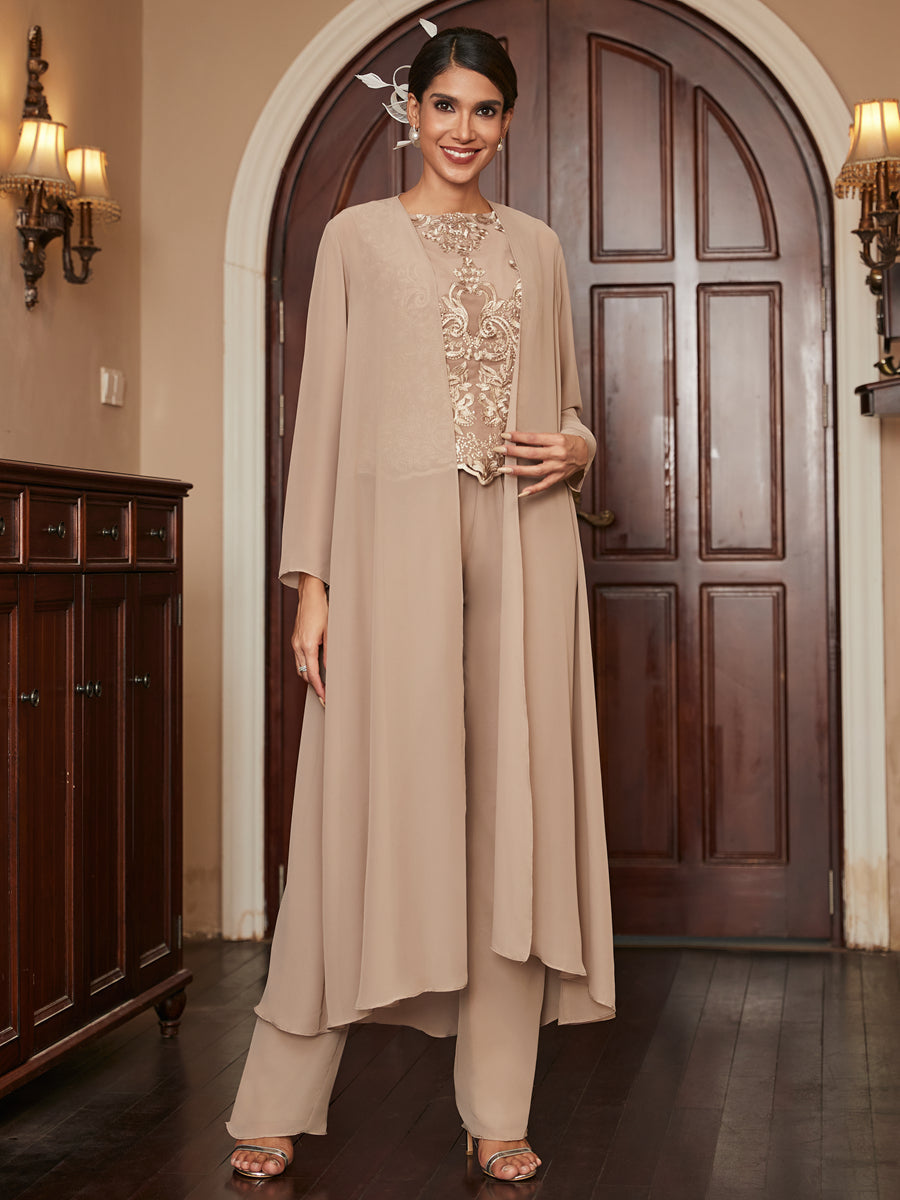 Chiffon Scoop Long Sleeves 3 Pieces Pantsuits with Appliques &amp; Jacket