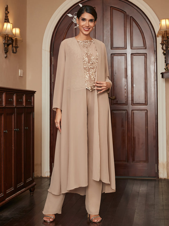 Chiffon Scoop Long Sleeves 3 Pieces Pantsuits with Appliques &amp; Jacket