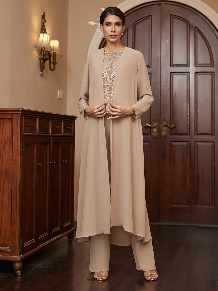 Chiffon Scoop Long Sleeves 3 Pieces Pantsuits with Appliques &amp; Jacket