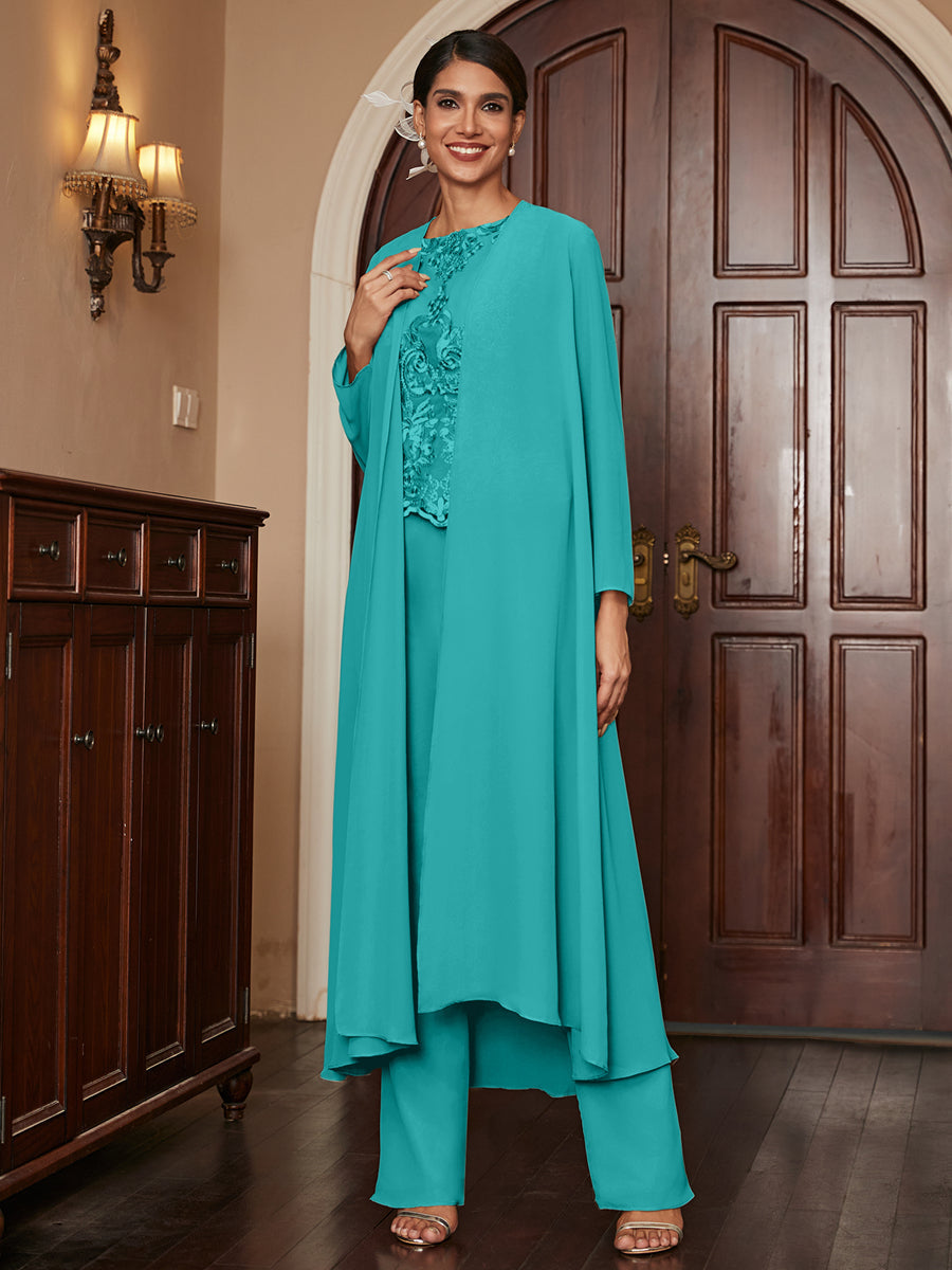 Chiffon Scoop Long Sleeves 3 Pieces Pantsuits with Appliques &amp; Jacket