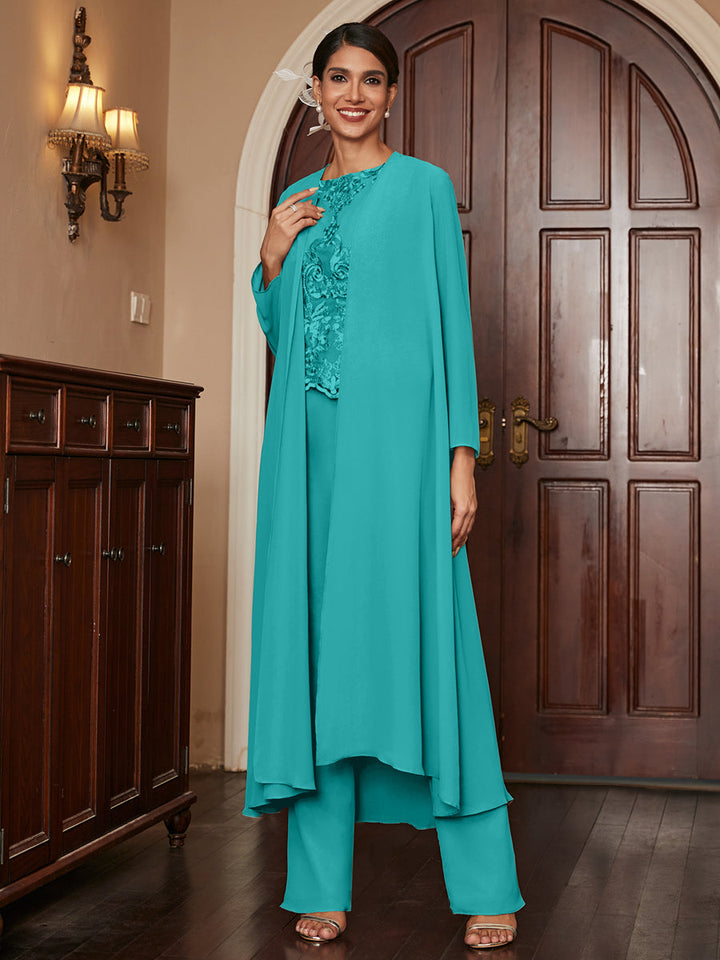 Chiffon Scoop Long Sleeves 3 Pieces Pantsuits with Appliques &amp; Jacket
