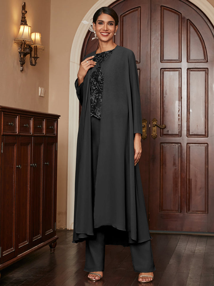 Chiffon Scoop Long Sleeves 3 Pieces Pantsuits with Appliques &amp; Jacket