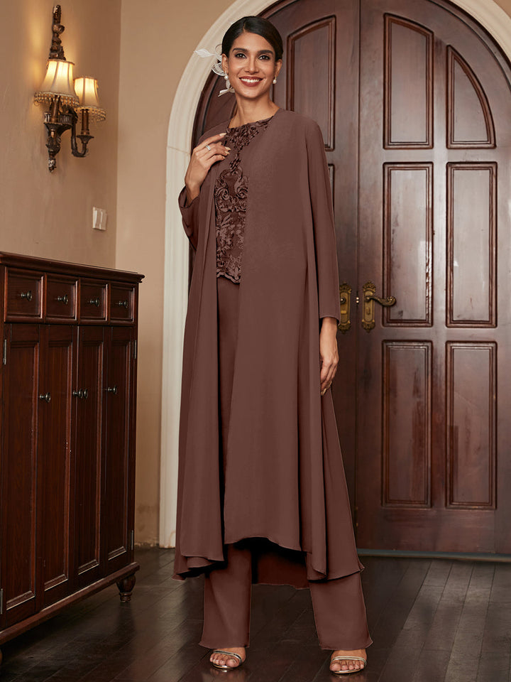 Chiffon Scoop Long Sleeves 3 Pieces Pantsuits with Appliques &amp; Jacket