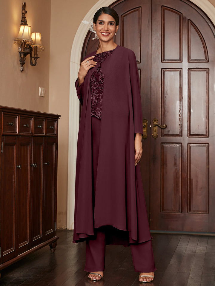 Chiffon Scoop Long Sleeves 3 Pieces Pantsuits with Appliques &amp; Jacket