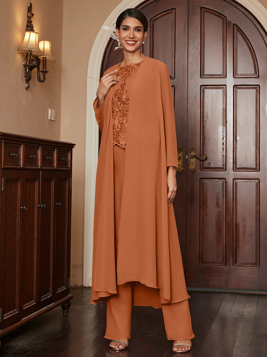Chiffon Scoop Long Sleeves 3 Pieces Pantsuits with Appliques &amp; Jacket