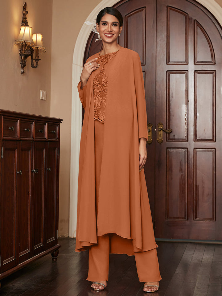 Chiffon Scoop Long Sleeves 3 Pieces Pantsuits with Appliques &amp; Jacket