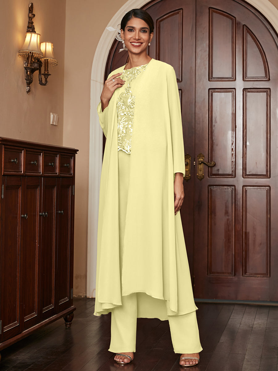 Chiffon Scoop Long Sleeves 3 Pieces Pantsuits with Appliques &amp; Jacket