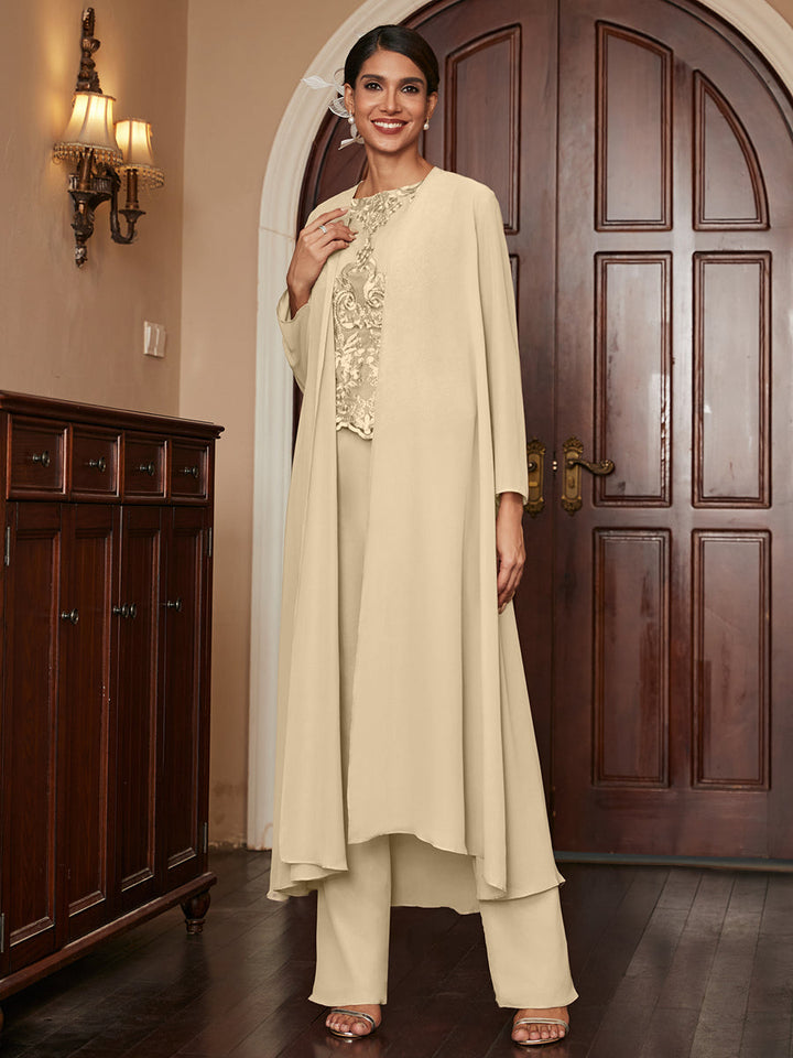 Chiffon Scoop Long Sleeves 3 Pieces Pantsuits with Appliques &amp; Jacket