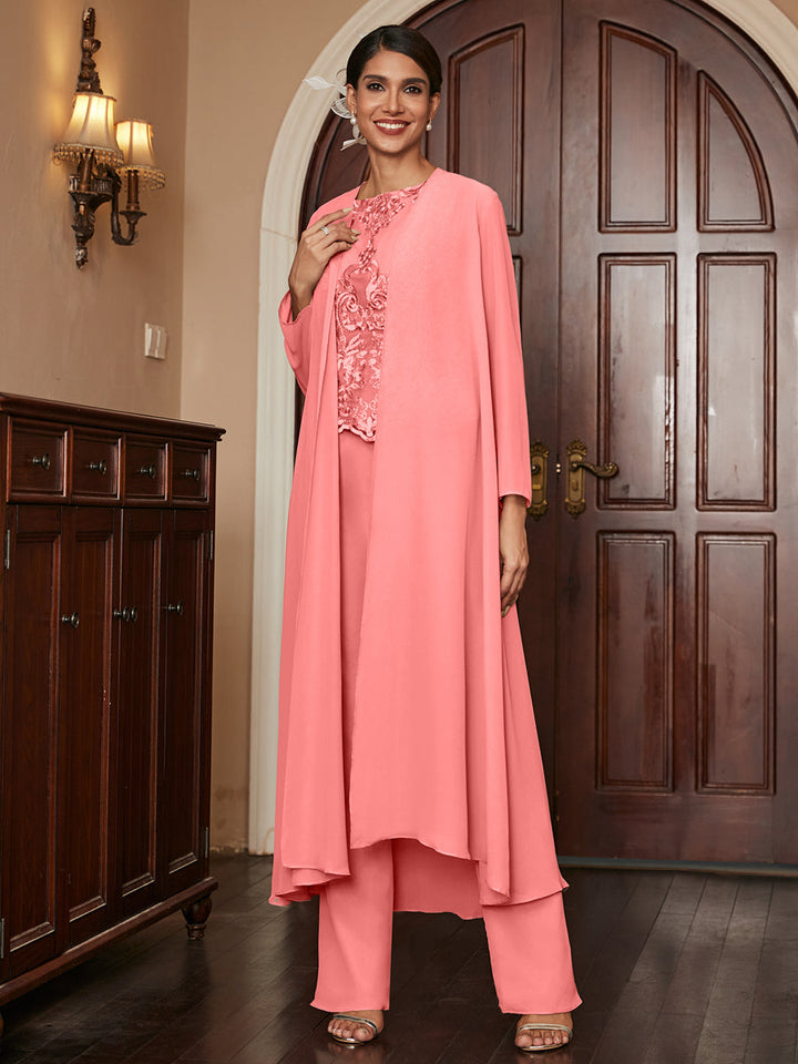 Chiffon Scoop Long Sleeves 3 Pieces Pantsuits with Appliques &amp; Jacket