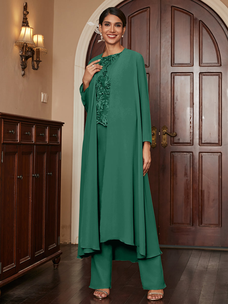 Chiffon Scoop Long Sleeves 3 Pieces Pantsuits with Appliques & Jacket