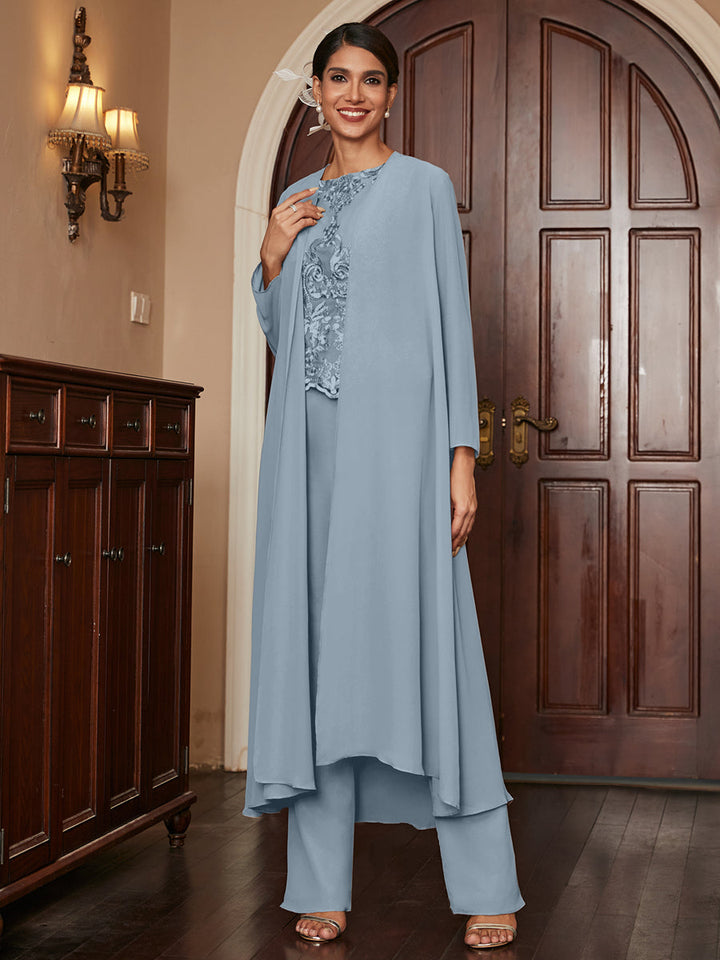 Chiffon Scoop Long Sleeves 3 Pieces Pantsuits with Appliques &amp; Jacket