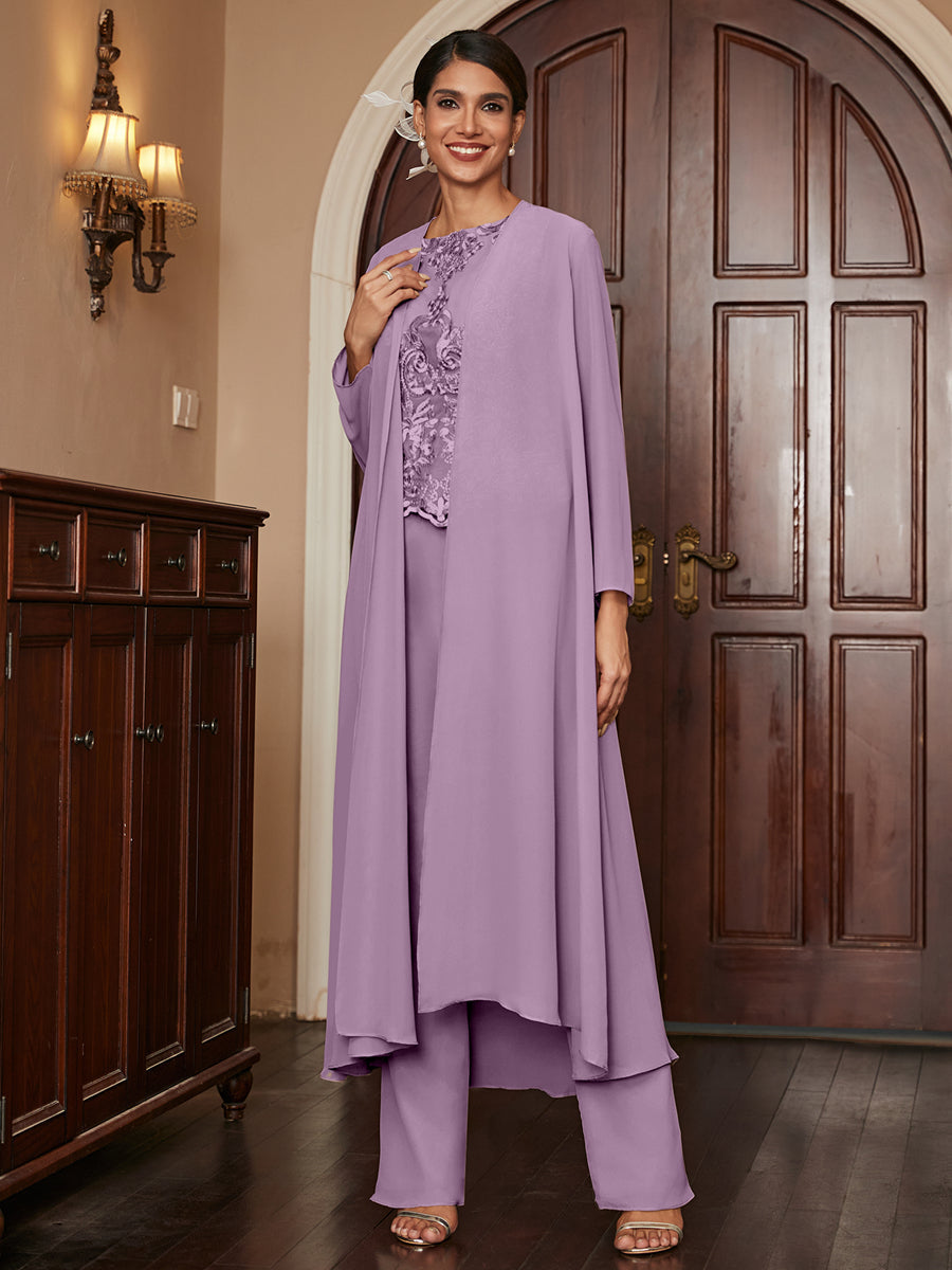 Chiffon Scoop Long Sleeves 3 Pieces Pantsuits with Appliques &amp; Jacket